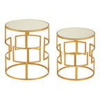 Set of 2 Glass Round Top Side Tables with Gold Metal Rectangular Sections Frame