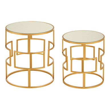 Set of 2 Glass Round Top Side Tables with Gold Metal Rectangular Sections Frame