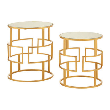 Set of 2 Glass Round Top Side Tables with Gold Metal Rectangular Sections Frame