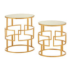 Set of 2 Glass Round Top Side Tables with Gold Metal Rectangular Sections Frame