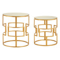 Set of 2 Glass Round Top Side Tables with Gold Metal Rectangular Sections Frame