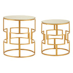 Set of 2 Glass Round Top Side Tables with Gold Metal Rectangular Sections Frame
