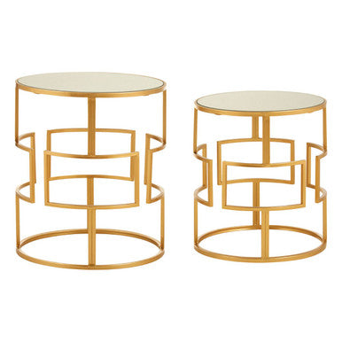 Set of 2 Glass Round Top Side Tables with Gold Metal Rectangular Sections Frame