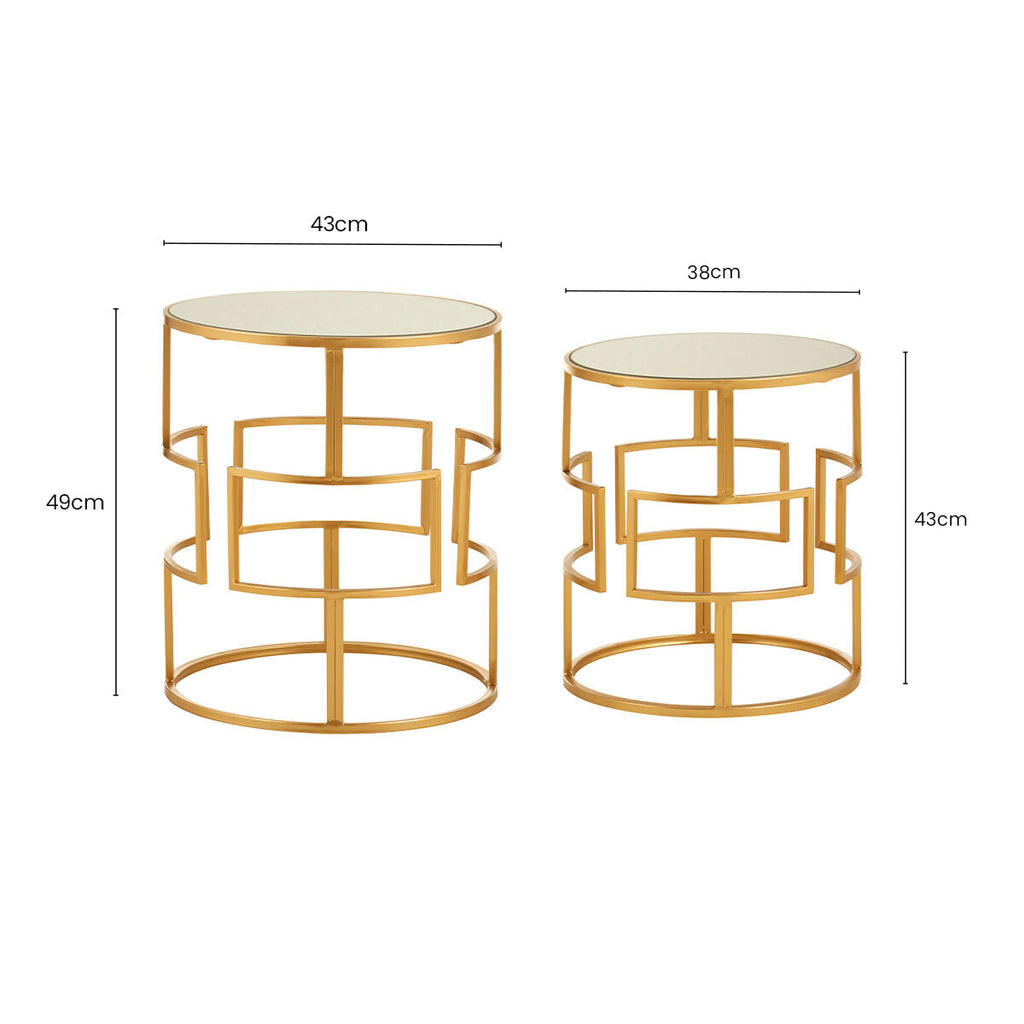 Set of 2 Glass Round Top Side Tables with Gold Metal Rectangular Sections Frame