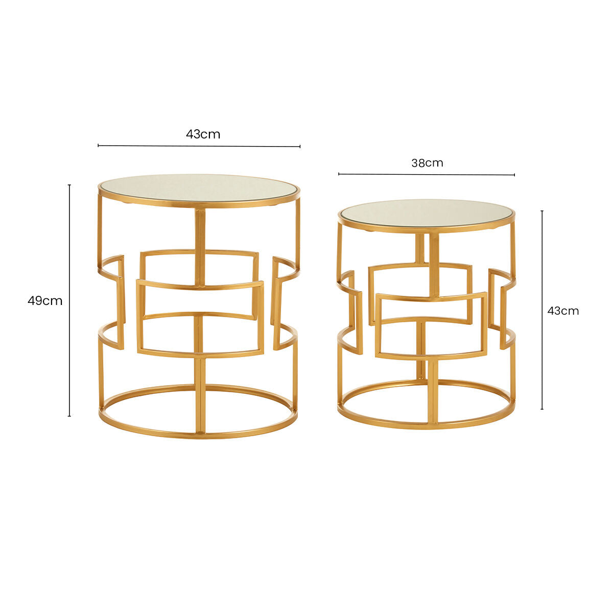 Set of 2 Glass Round Top Side Tables with Gold Metal Rectangular Sections Frame