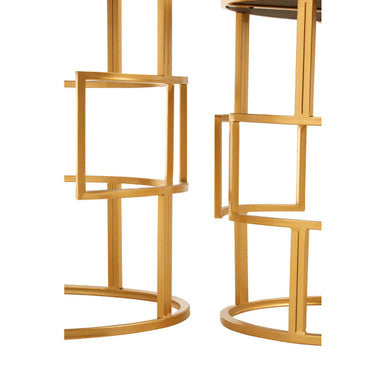 Set of 2 Glass Round Top Side Tables with Gold Metal Rectangular Sections Frame