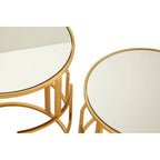 Set of 2 Glass Round Top Side Tables with Gold Metal Rectangular Sections Frame