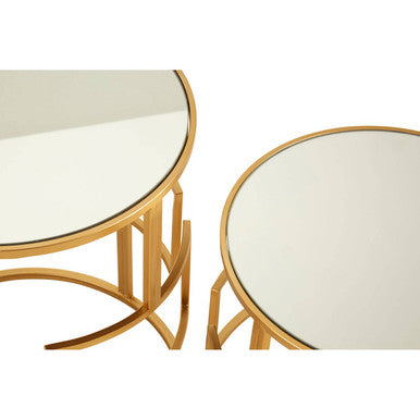 Set of 2 Glass Round Top Side Tables with Gold Metal Rectangular Sections Frame