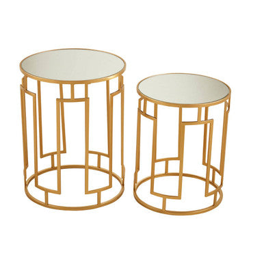 Set of 2 Gold Mirrored Top Round Side Tables with Gold Metal Frame