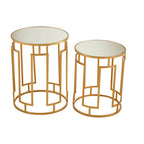 Set of 2 Gold Mirrored Top Round Side Tables with Gold Metal Frame