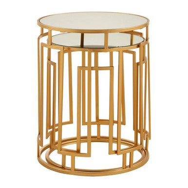 Set of 2 Gold Mirrored Top Round Side Tables with Gold Metal Frame