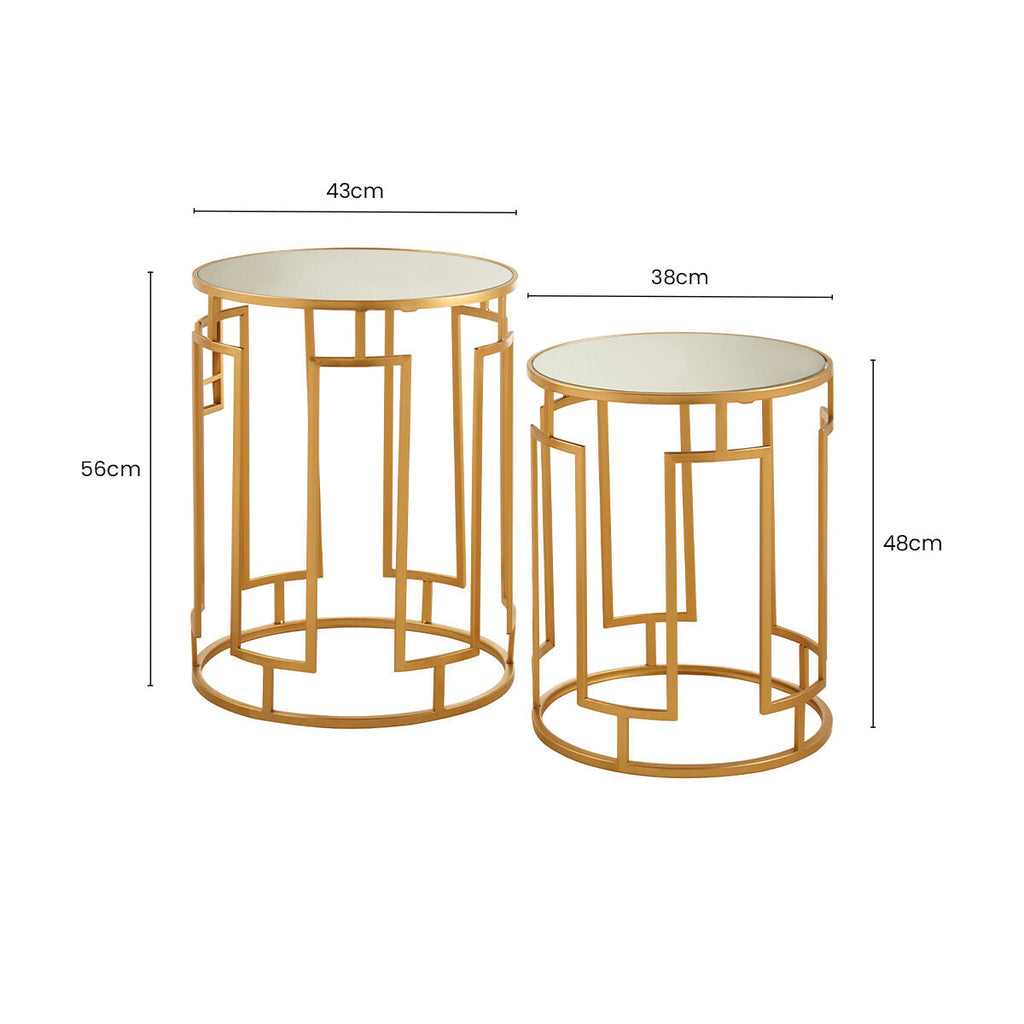 Set of 2 Gold Mirrored Top Round Side Tables with Gold Metal Frame