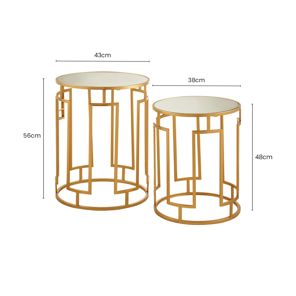 Set of 2 Gold Mirrored Top Round Side Tables with Gold Metal Frame