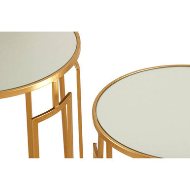 Set of 2 Gold Mirrored Top Round Side Tables with Gold Metal Frame
