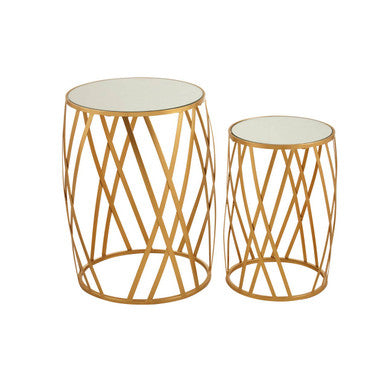 Set of 2 Gold Mirrored Glass Top Side Tables with Gold Metal Cross Design Frame