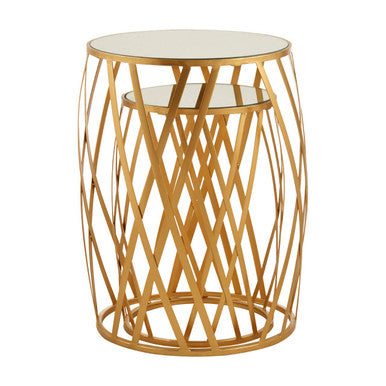 Set of 2 Gold Mirrored Glass Top Side Tables with Gold Metal Cross Design Frame