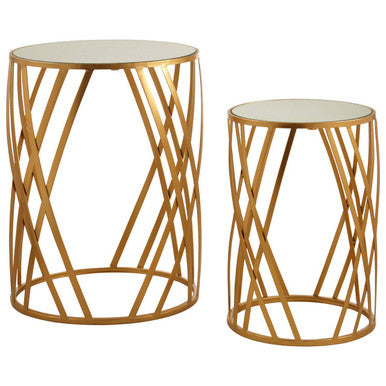 Set of 2 Gold Mirrored Glass Top Side Tables with Gold Metal Cross Design Frame