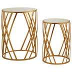 Set of 2 Gold Mirrored Glass Top Side Tables with Gold Metal Cross Design Frame