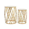 Set of 2 Gold Mirrored Glass Top Side Tables with Gold Metal Cross Design Frame