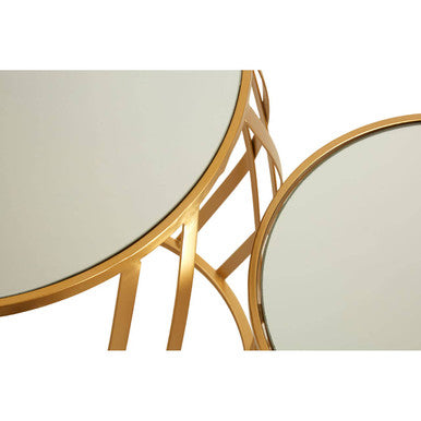 Set of 2 Gold Mirrored Glass Top Side Tables with Gold Metal Cross Design Frame