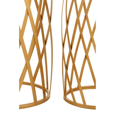 Set of 2 Gold Mirrored Glass Top Side Tables with Gold Metal Cross Design Frame