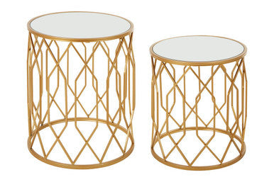 Set of 2 Gold Mirrored Glass Top Round Side Tables with Gold Metal Frames | Avantis