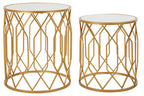 Set of 2 Gold Mirrored Glass Top Round Side Tables with Gold Metal Frames | Avantis