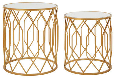 Set of 2 Gold Mirrored Glass Top Round Side Tables with Gold Metal Frames | Avantis
