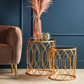 Set of 2 Gold Mirrored Glass Top Round Side Tables with Gold Metal Frames | Avantis