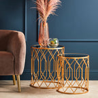 Set of 2 Gold Mirrored Glass Top Round Side Tables with Gold Metal Frames | Avantis