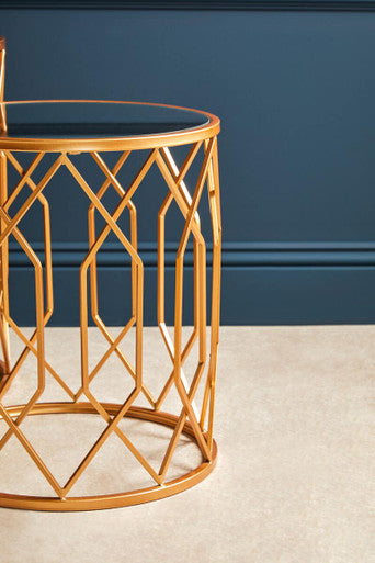 Set of 2 Gold Mirrored Glass Top Round Side Tables with Gold Metal Frames | Avantis