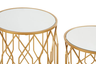 Set of 2 Gold Mirrored Glass Top Round Side Tables with Gold Metal Frames | Avantis