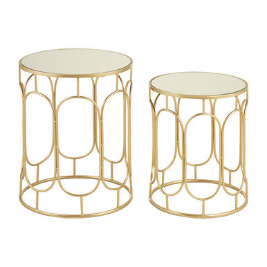 Set of 2 Mirrored Glass Top Nesting Side Tables with Gold Metal Frame