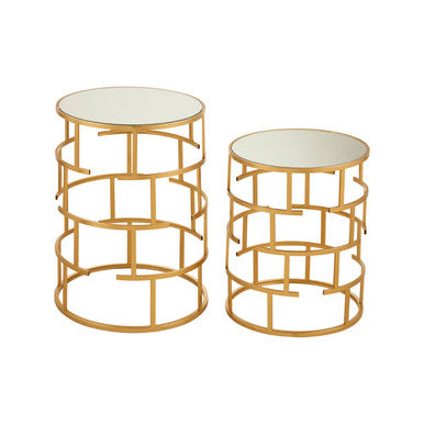 Gold Finish Set of 2 Round Side Tables with Key Design
