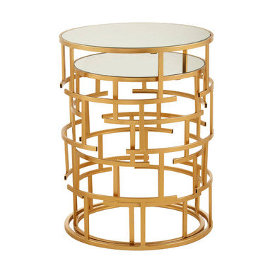 Gold Finish Set of 2 Round Side Tables with Key Design