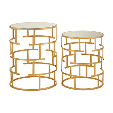 Gold Finish Set of 2 Round Side Tables with Key Design