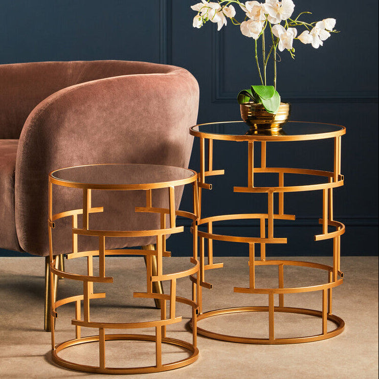 Gold Finish Set of 2 Round Side Tables with Key Design