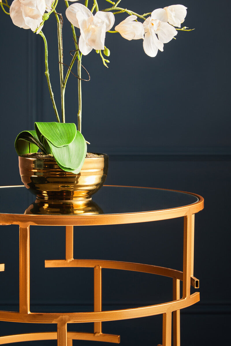 Gold Finish Set of 2 Round Side Tables with Key Design
