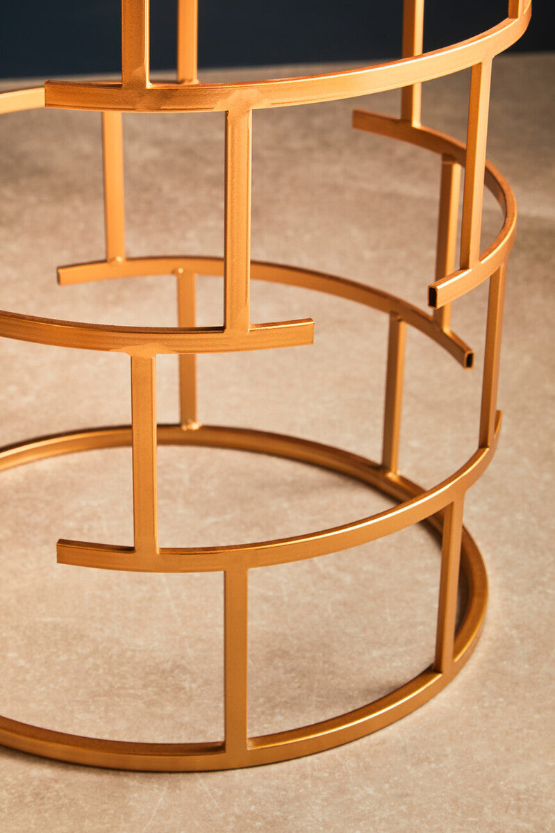 Gold Finish Set of 2 Round Side Tables with Key Design