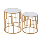 Set of 2 White Mirrored Glass Top and Gold Metal Frame Round Side Tables