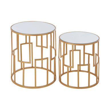 Set of 2 White Mirrored Glass Top and Gold Metal Frame Round Side Tables