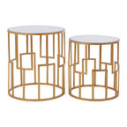 Set of 2 White Mirrored Glass Top and Gold Metal Frame Round Side Tables