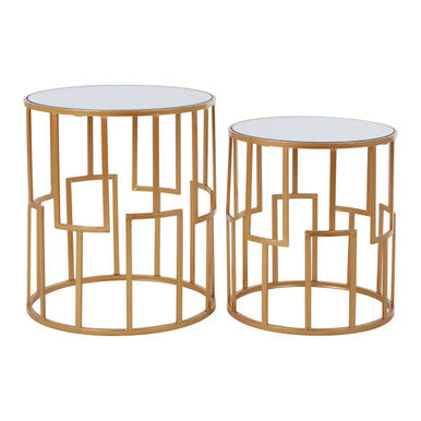 Set of 2 White Mirrored Glass Top and Gold Metal Frame Round Side Tables