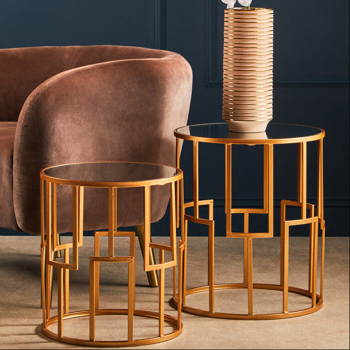 Set of 2 White Mirrored Glass Top and Gold Metal Frame Round Side Tables