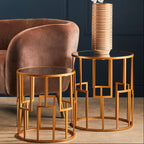 Set of 2 White Mirrored Glass Top and Gold Metal Frame Round Side Tables
