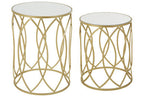 Set of 2 Mirrored Glass Top and Gold Finish Metal Frame Side Tables