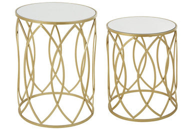Set of 2 Mirrored Glass Top and Gold Finish Metal Frame Side Tables