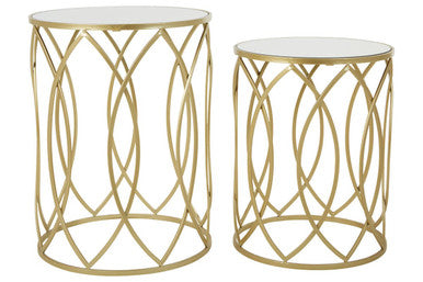Set of 2 Mirrored Glass Top and Gold Finish Metal Frame Side Tables
