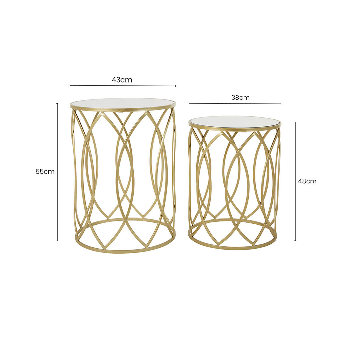 Set of 2 Mirrored Glass Top and Gold Finish Metal Frame Side Tables
