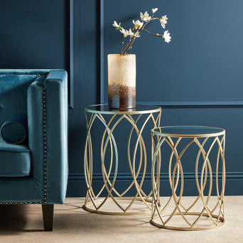 Set of 2 Mirrored Glass Top and Gold Finish Metal Frame Side Tables